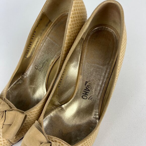 Salvatore Ferragamo Womens Tan Snake Embossed Leather Pumps Suede Bow size 9.5 - Picture 11 of 16